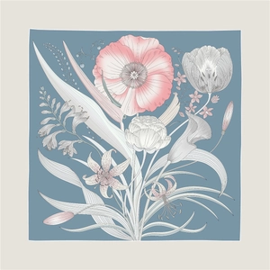 Detail of vintage hand-drawn floral silk scarf featuring poppies and lilies on blue background