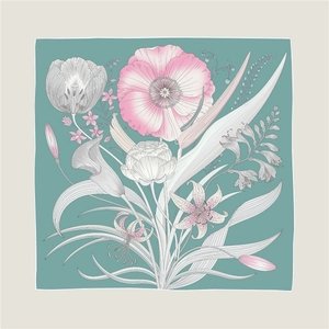 Detail of floral pattern on morandi blue silk scarf featuring lilies and tulips
