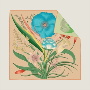 Double-sided floral square scarf with blue poppies and orange borders on beige silk