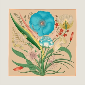 Detailed top view of 90cm square silk scarf with floral print and orange rolled edges