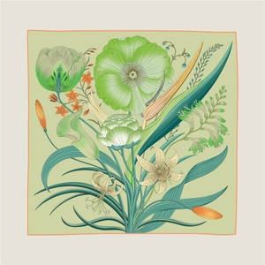 Detailed close-up of floral print silk scarf featuring poppies and lilies in Morandi green