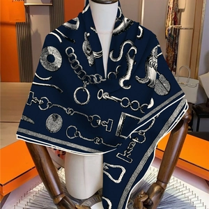 Classic navy silk-like square scarf with white equestrian chain and buckle pattern