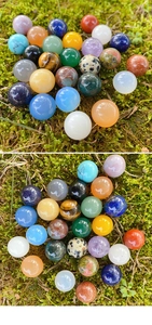 Mix of 12mm mini crystal spheres in tiger eye and amethyst on natural green moss