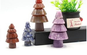 Detail of multi-stone Christmas tree ornaments in red jasper, sodalite, and fluorite