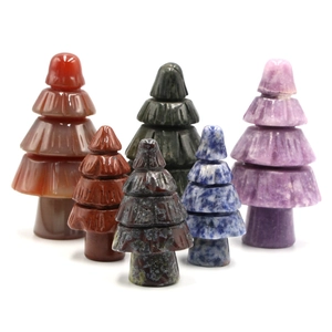 Set of 6 assorted natural stone Christmas trees with unique mineral textures and colors