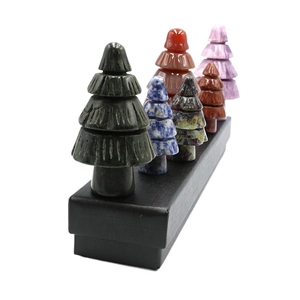 Set of 6 natural gemstone mini Christmas tree figurines in assorted crystal colors