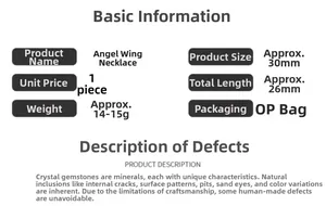 Specifications for angel wing locket necklace showing 30mm crystal gemstone size and weight