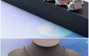 Detailed close-up of owl pendant with pink gemstone and delicate feather texture details