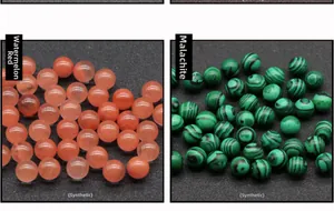 Detailed comparison of synthetic watermelon red and malachite texture 10mm round beads