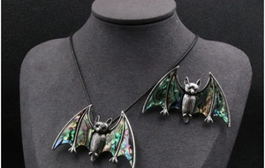 Gothic bat necklace and brooch set with iridescent abalone shell in antique silver