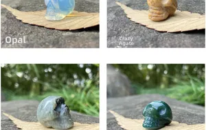 Detail of four natural crystal skulls in opal, agate and malachite on a nature background