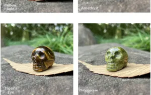 Detailed four-grid view of 1-inch mini natural crystal skulls in various gemstones