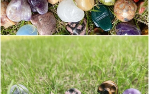 Detailed close-up of hand-carved crystal skulls in diverse natural gemstones for healing