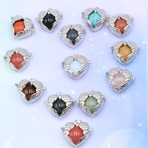 Angel wings heart locket necklaces set with colorful sphere pendants for women