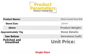 Detailed product parameters for 20mm polished crystal sphere showing size and weight