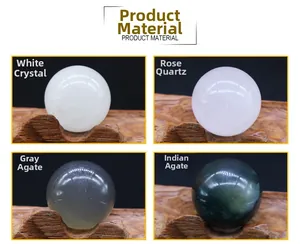 Macro view of polished 20mm crystal spheres in various semi-precious stones with wood base
