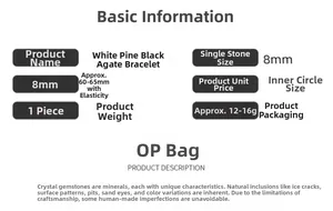 Detailed specs of 8mm white pine and black onyx beaded bracelets with elastic cord