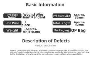 Detailed size specifications for the wire-wrapped heart pendant made of natural crystal stone