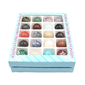 Set of 20 natural 20mm crystal spheres in a blue display box for energy balancing
