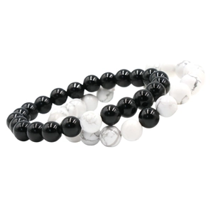 Set of 8mm natural white turquoise and black onyx bead bracelets with yin yang style