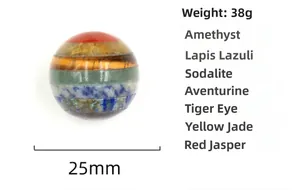 Detail of 25mm seven chakra crystal ball with stone layers and weight specifications