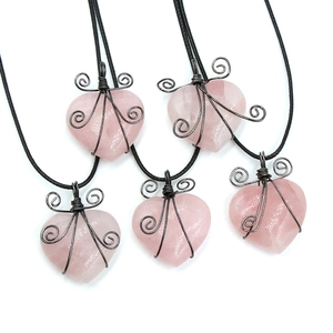 Handmade wire wrapped heart shaped pink quartz crystal pendant with black cord necklaces