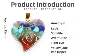 Detailed view of heart-shaped resin chakra pendant with seven natural crystal stones