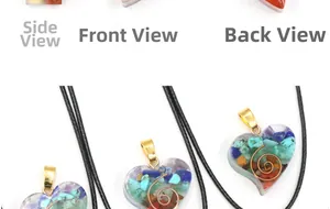 Detailed views of heart chakra pendant with resin stones and internal metal spiral