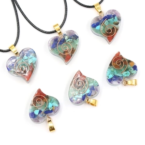 Set of 6 Heart-shaped Orgonite Resin Pendants with Natural Crystals and Copper Spirals