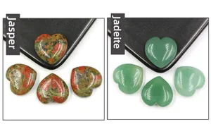 Close-up of polished natural Unakite and Green Aventurine heart-shaped stones