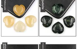 Polished 25mm heart-shaped natural crystals including yellow jade and spot stone details