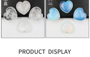 Detail view of 25mm heart-shaped natural clear crystal and opal gemstones side by side