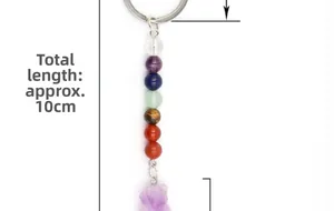 Detail showing natural amethyst stone keychain with 7 chakra beads, total length 10cm