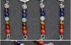 Chakra stone keychain with seven colorful gemstone beads and amethyst point pendant detail