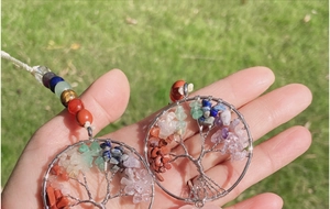 Close-up of handmade Tree of Life heart pendant with chakra natural stone crystals
