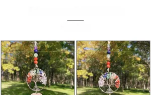 Macro shot of handcrafted tree of life crystal heart ornament in outdoor sunlight