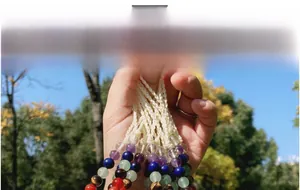 Handcrafted gemstone charm with Tiger Eye and Amethyst beads on an outdoor background