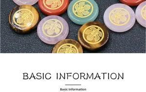 Polished gemstone discs with golden symbol in tiger eye, rose quartz and aventurine