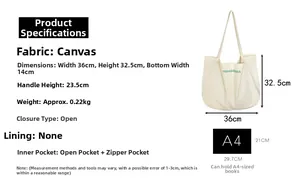 Detailed dimensions of the canvas tote bag showing its size capacity and internal structure