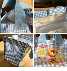 Dettaglio borsa pranzo a quadretti blu con orsetti e tasca interna portaoggetti