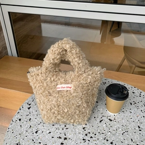 Women Autumn Winter Plush Tote Bag Lamb Wool Handbag With Letter Label Casual Small Hobo Bag Sweet Girls Furry Top Handle Bag