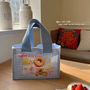 Simpatica Borsa da Pranzo in Tela a Forma di Orso Ciambella Plaid Blu Stile Ins Piccola Borsa a Mano Tote per Ufficio Scuola Picnic Studenti Donna
