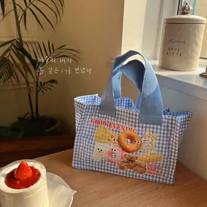 Borsa termica a quadretti blu con simpatici orsetti e ciambelle per scuola o ufficio