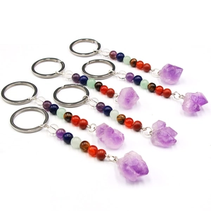 Natural Amethyst Crystal Raw Stone Keychain With Seven Chakra Gemstone Beads For Bags Purses Decoration Healing Jewelry