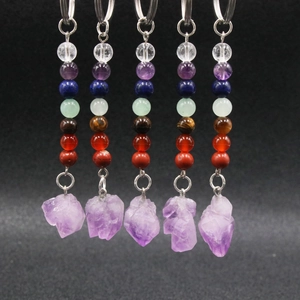 7 Chakra stone keychain with natural amethyst crystal cluster and silver metal ring