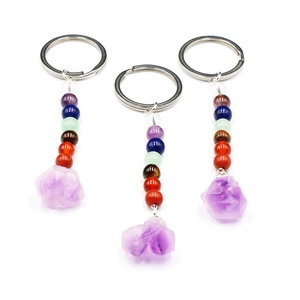 Natural amethyst raw stone keychain with 7 chakra colored beads on white background