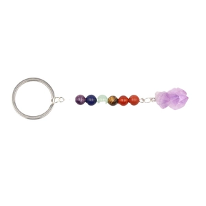Natural amethyst crystal geode keychain with colorful gemstone beads and metal ring