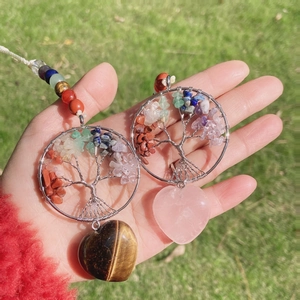 Natural crystal Tree of Life heart pendant with tiger eye and rose quartz stones
