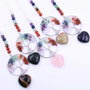 Handmade tree of life necklaces with colorful natural stones and heart pendants