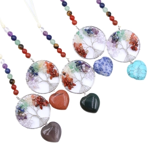 Tree of Life heart pendant necklaces featuring natural colorful stones and wire wrapped design
